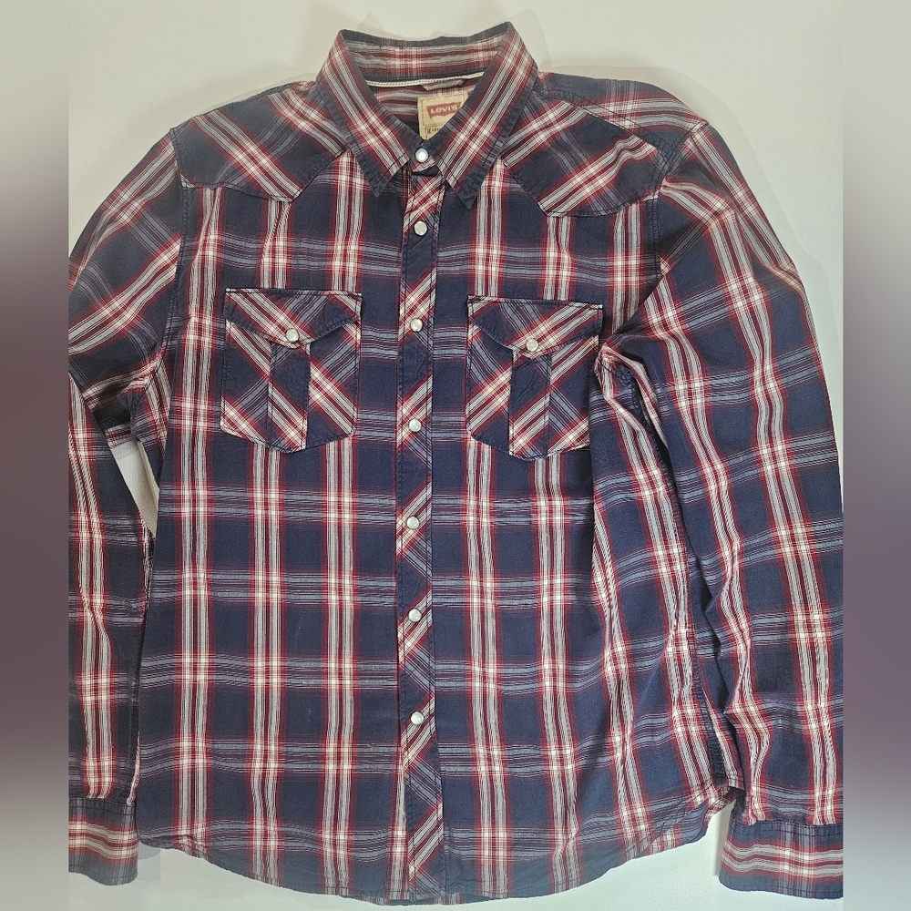 Levis Pearl Snap Shirt Mens Large Red Blue Classic‎ Plaid